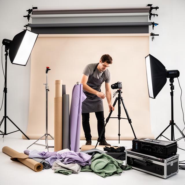 Asistente de sesiones organizando fondos y accesorios en el estudio de fotografía