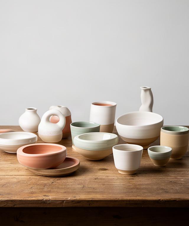 Piezas de cerámica artesanal colocadas sobre una mesa de madera con fondo claro
