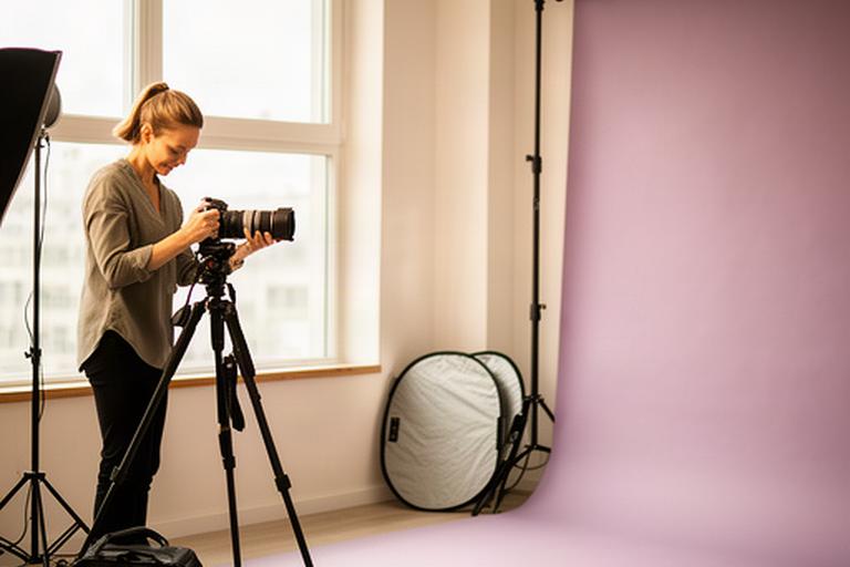 Fotógrafa preparando una sesión de retrato junto a una ventana del estudio en Murcia
