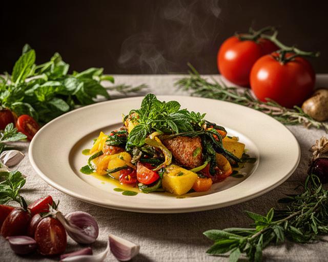 Plato de cocina mediterránea servido con hierbas frescas para un restaurante local