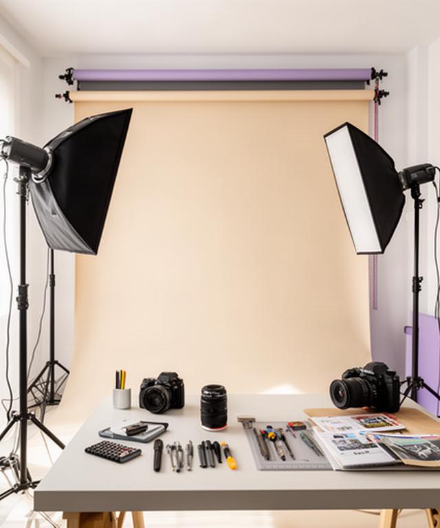Interior luminoso de un estudio fotográfico en Murcia con fondo neutro, focos y mesa de trabajo