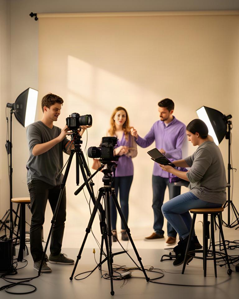 Equipo de fotografía preparando una sesión de retrato en el estudio de Calle Industria, Murcia