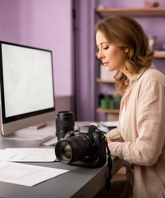 Fotógrafa revisando una solicitud de privacidad junto a una pantalla y una cámara en el estudio