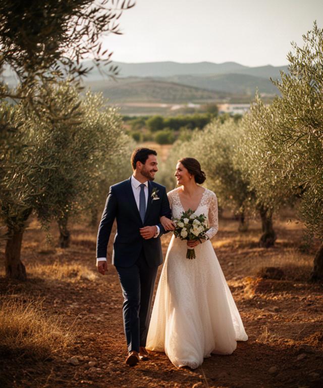 Pareja caminando entre olivos durante una boda al aire libre en el Valle de Murcia