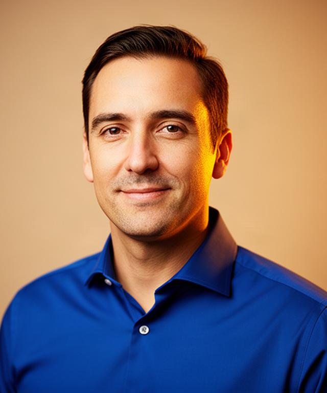 Retrato profesional de un hombre con camisa azul sobre un fondo cálido y limpio