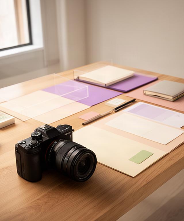 Mesa de trabajo de un estudio fotográfico en Murcia con cámara, agenda de sesiones y documentos organizados