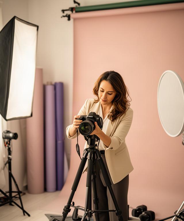 Fotógrafa preparando una sesión de retrato con luz suave en un estudio de Murcia