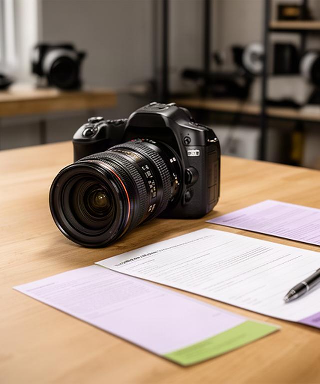 Cámara profesional sobre una mesa de trabajo junto a contratos impresos en un estudio fotográfico de Murcia