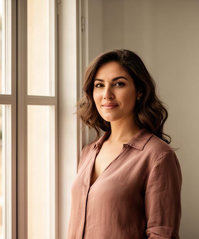 Retrato de una mujer junto a una ventana con luz natural en un estudio de Murcia