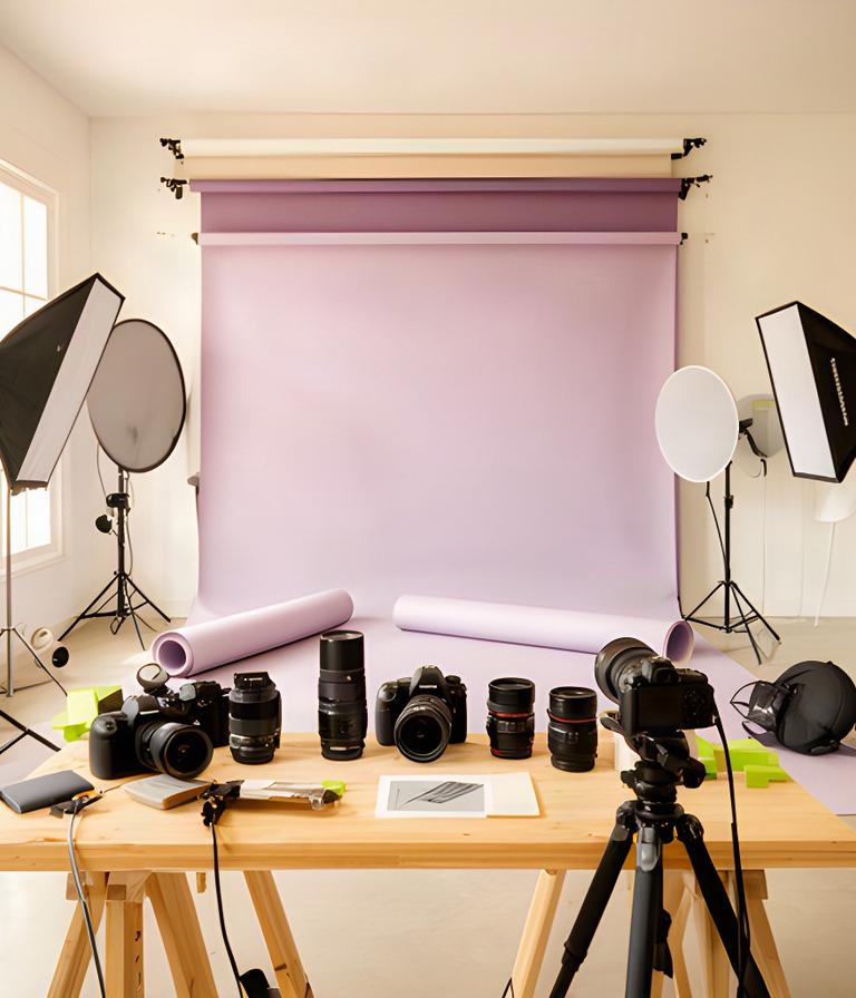 Estudio fotográfico luminoso en Sangonera la Verde con fondos, cámaras y una mesa de trabajo