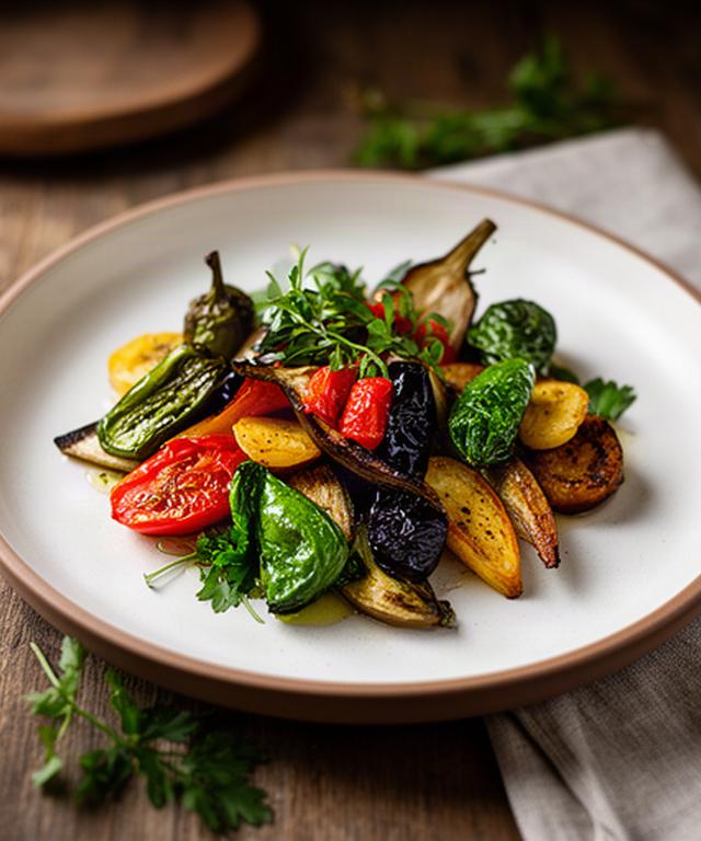 Plato de verduras de temporada iluminado sobre una mesa de restaurante de La Huerta
